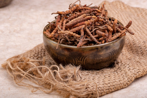 A wooden bowl filled with cordyceps mushroom, atop a hessian bag